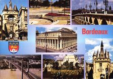 CPM Bordeaux la grosse cloche les allees de Tourny le pont de Pierre le Grand Theatre le Pont d'aqui