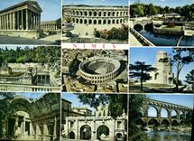 CPM Nimes Gard maison carree arenes romaines jardin de la fontaine bains romains vue aerienne des ar