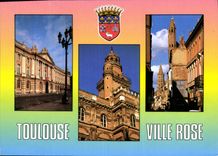 CPM Toulouse la ville rose le Capitole l'hotel d'Assezat la rue du Taur avec le clocher de Notre Dam