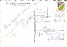 CPM Lourdes La Grotte miraculeuse la basilique et l'Apparition 