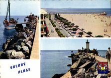 CPM Valras Plage Herault la Digue et le Phare la plage et la bouvelle digue l'entree du port Bateaux