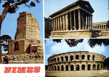 CPM En pays romain Nimes Gard Les trois grands monuments romains la tour Magne la Maison Carree et l