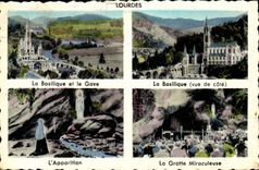 CPA Lourdes la Basilique et le Gave la Basilique vue de cote L'Apparition la Grotte Miraculeuse 