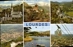 CPA Souvenir de Lourdes La Basilique et les montagnes Le Chateau Fort Musee Pyreneen La Basilique vu