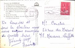 CPA Souvenir de Lourdes La Basilique et les montagnes Le Chateau Fort Musee Pyreneen La Basilique vu