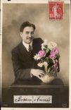 CPA Bonne Annee Homme Fleurs