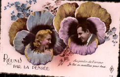 CPA Reunis par la Pensee au jardin de l'amour je fes ai cueillies pour vous Femme