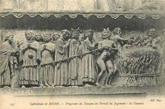 CPA Cathedrale de Reims Fragment du Tympan du Portail du Jugement les damnes 