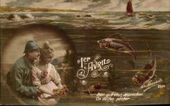 Fantasy CPA April 1st soldier militaria fish