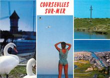 CPM Courseulles sur Mer Calvados Le moulin et les cygnes La croix de Lorraine entre Courseulles et G