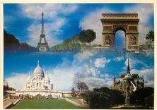 CPM Paris La Tour Eiffel L'Arc de Triomphe Le Sacre Coeur et la nef de Notre Dame 