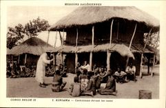 Belgian Congo - CPA- Kiniama - Catechism in front of the boxes Salesiennes Mission