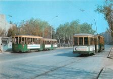 CPM Los Tranvias de Zaragoza Cruce de dos coches Motores de la serie 50 con remolque