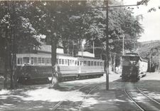 CPM Laxey Station with Snaefell mountain cars on the left and the Manx Electric train on the right. 