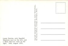 CPM Laxey Station with Snaefell mountain cars on the left and the Manx Electric train on the right. 