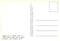 CPM Engine No.5 "Mona" built in 1874 with a train for St. Johns at Peel. 17th. August 1959