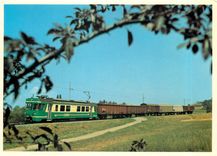 CPM train de marchandises de 251T sus bogies transporteurs remorque par Be 4/4 14 pres de Chigny