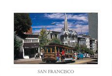 CPM San Francisco cable car continues up California Street toward Van Ness