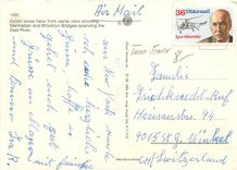 CPM Exotic lower New York aerial view showing Manhattan and Brooklyn Bridges spanning the East River