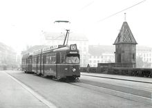 CPM Be 4/6 645 (Duewag) + B 1416 sur le pont du Rhin du milieu 3.9.1977