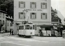 CPM Trambahn am fusse des monte Bre mit dem TCL Be 2/2 7 am 30.5.1957