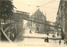 CPM Die Zurichbergbahn (heute Polybahn) mit offenem Wagen auf der Eisenbrucke uber dem schmaien Seil