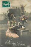 CPA Bonne Annee Femme Moulin a vent