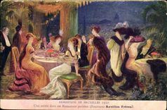 Exposition Universelle Bruxelles-Illustration-Une soiree dans un Restaurant parisien(Fourrures Revillon Freres)-CPA