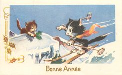 CPA Bonne Annee Ski Chats