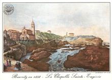 CPM Biarritz Vieilles Gravures de 1858 La Chapelle St Eugenie et le Rocher du Basta avant la constru