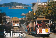 CPM San Francisco Cable cars passing on the Hyde Street line atop Russian Hill Tramway