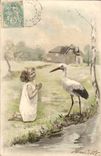Fantasy - child - heron - bird stork - CPA