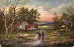 Arts - Table - Couple walking towards cozy cottage CPA (Hungarian chart Hungary Hungary)