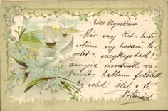 Fantasy - boats - Boat floating one calm toilets bordered by small pretty flowers (Hungarian chart Hungary Hungary)