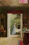 Fantaisie - Couple setting outside table (carte hongroise Hungary Hongrie) - CPA 