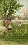 Fantasy - Child - Girl with bulging bouquet off flowers CPA
