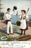 Fantaisie - Couple - Happy couple by the sea (carte hongroise Hungary Hongrie) -CPA 