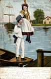 Fantaisie - Couple - Woman perched on lovers shoulder sea - bateau (carte hongroise Hungary Hongrie) -CPA 