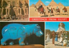 CPM Greetings from Egypt The four colossal statues of Ramses at the entrance of Abu Simbel Rock Temple Camel riders at T