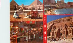 CPM Greetings from Egypt Camel riders at The Pyramid of Giza Alexandria Stanly Beah