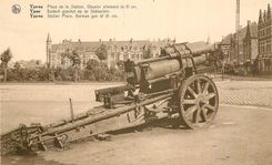 CPM Ypres Place de la Station Obusier allemand de 21 cm Militaria