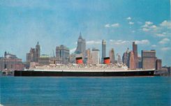 CPM SS Queen Elizabeth Passing Lower Manhattan New York City Bateau