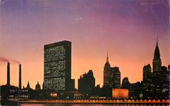 CPM United Nations Building at Night Wiht Empire State Building at Left and Crysler Buildingat Right New York City