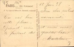 Paris 14 - The Lion of Belfort - Bartholdi - Sculptor - Boulevard Raspail and Rue Denfert Rochereau - CPA