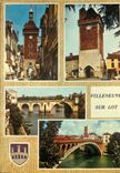 CPM Villeneuve sur lot Lot et Gne Porte de Paris Porte des Pujols Le Pont Vieux Pont sur le Lot et clocher Ste Catherine