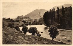 Lourdes CPA the basilica the strong castle and Gave of Pau