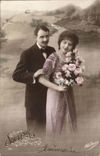 Fantaisie - couple - Anniversaire - flowing river in background - CPA 