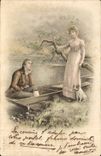 Fantaisie - Couple - at riverside - chien - dog - CPA 
