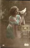 Fantasy - Woman - bird - dove - Lovely lady communing with has dove- curly to hate - CPA