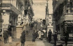 Belgium Belgie CPA Blankenberghe Street of the church (lions very nice shot in spite of defects)